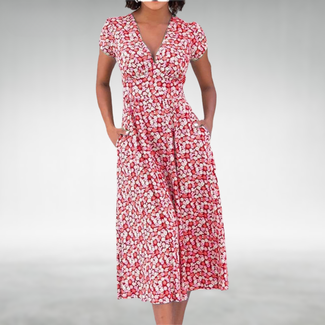 Robe Fleurs Col V Mi-Longue avec Poches