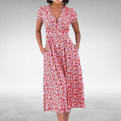 Robe Fleurs Col V Mi-Longue avec Poches