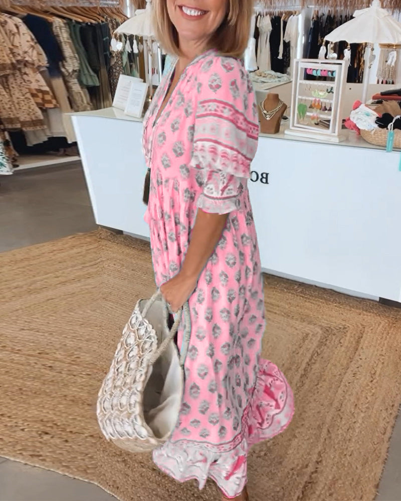 Robe midi Femme Fluide Imprimée Col en V Manches Lanterne Ample