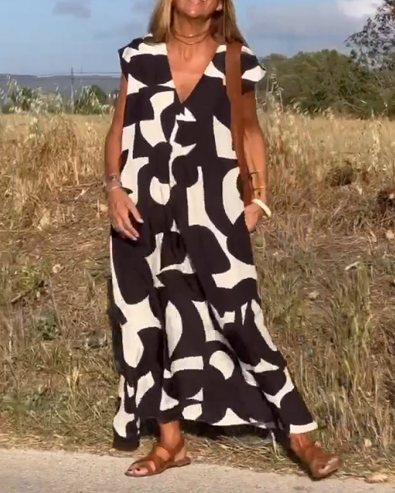 Robe Femme Élégante Imprimé Noir Blanc Décolleté Profond