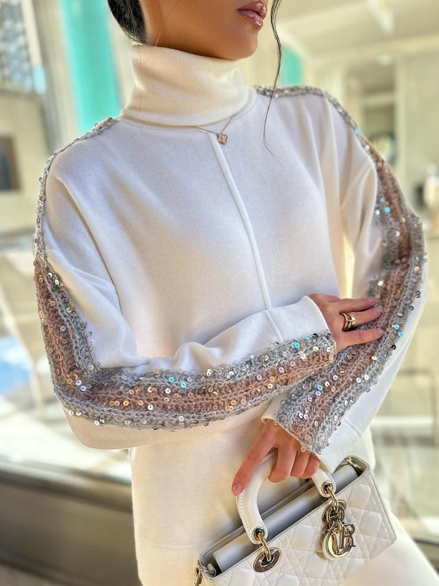 Robe Deux Pièces Blanc Paillettes Col Roulé