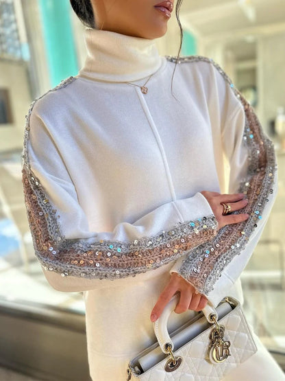 Robe Deux Pièces Blanc Paillettes Col Roulé