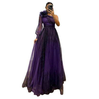 Robe Soirée Une Épaule Manches Longues avec Fente