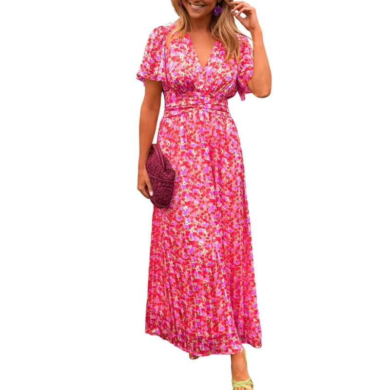 Robe Été Florale Manches Courtes Décolleté Plongeant