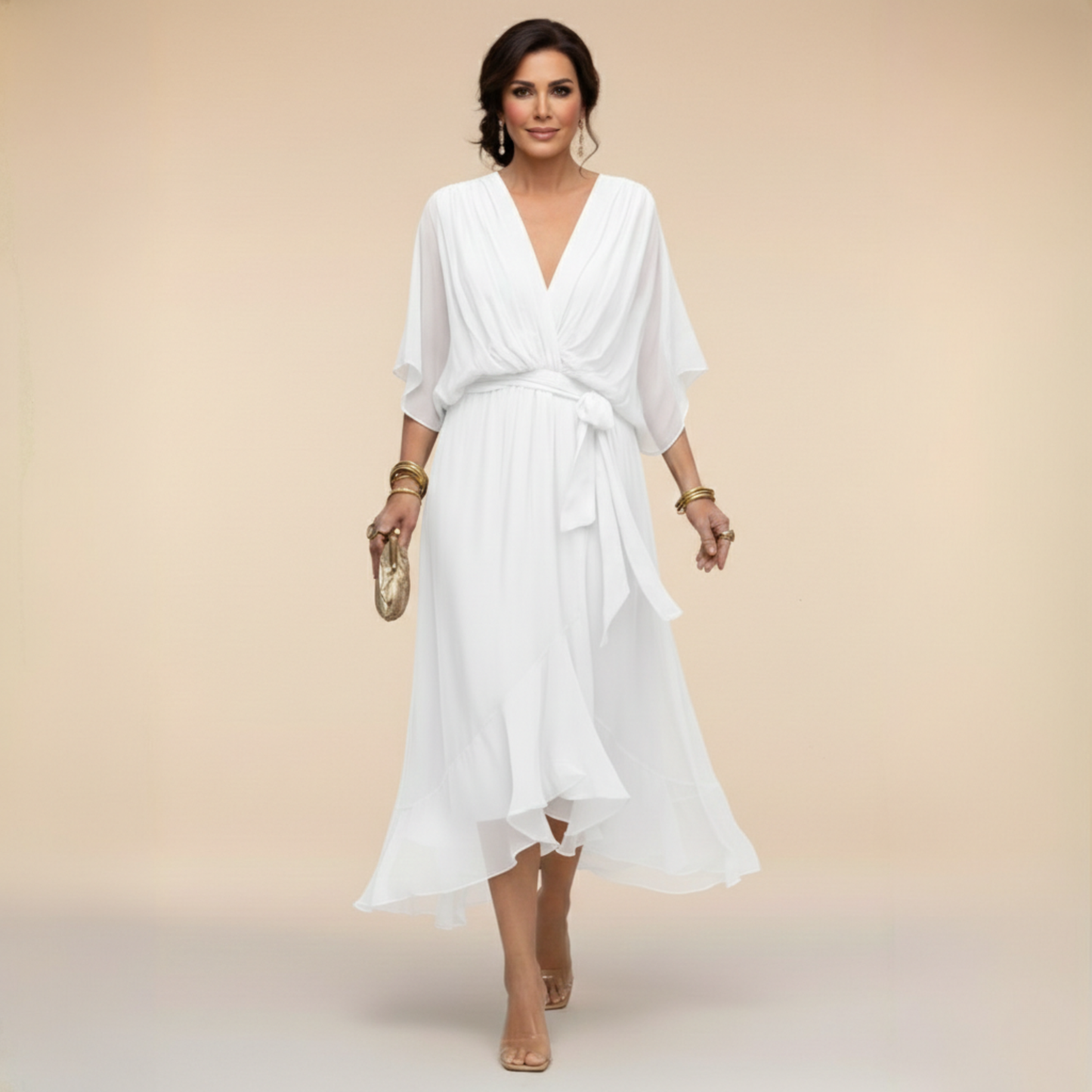 Robe Femme Chiffon Fluide Col en V Ceinturée