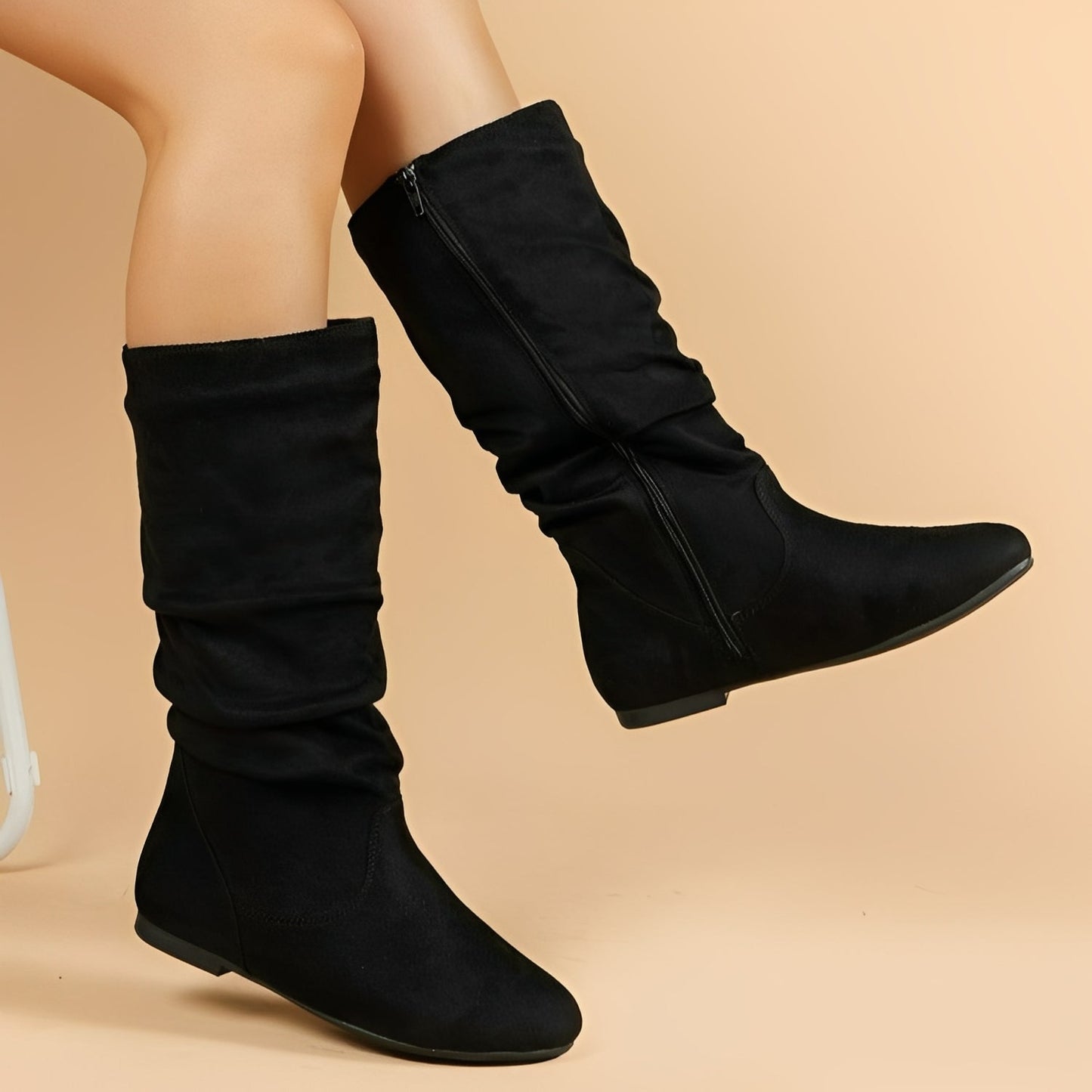 Bottes Femmes Plates Mi-Mollet Fermeture Éclair Haut de Gamme