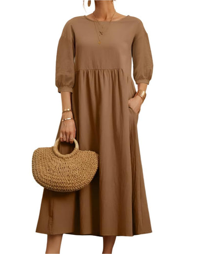Robe Femme Été en Coton Léger, Col Rond et Manches Courtes