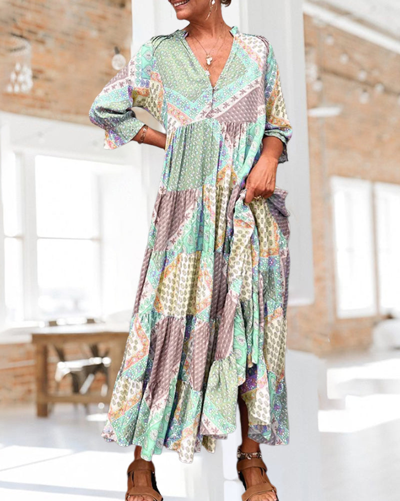 Robe Maxi Femme Imprimé Patchwork Coupe Ample Col V Manches Longues