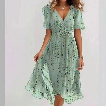 Robe Été en Chiffon Fleuri pour Femme avec Col en V
