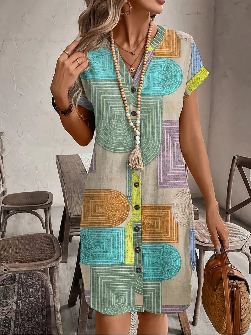 Robe courte Femme Fluide Boutonnée Col en V Manches Courtes - PanierRoyale