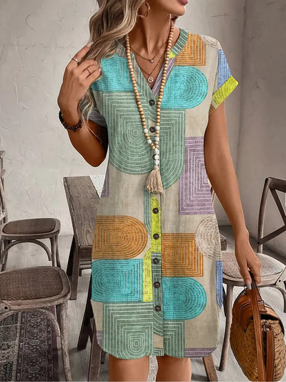 Robe courte Femme Fluide Boutonnée Col en V Manches Courtes - PanierRoyale