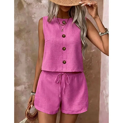 Ensemble Femme Sans Manches Boutonné et Short Ajustable - PanierRoyale