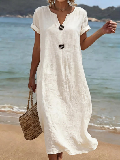 Robe longue Femme Coupe ample Col fendu Boutons décoratifs