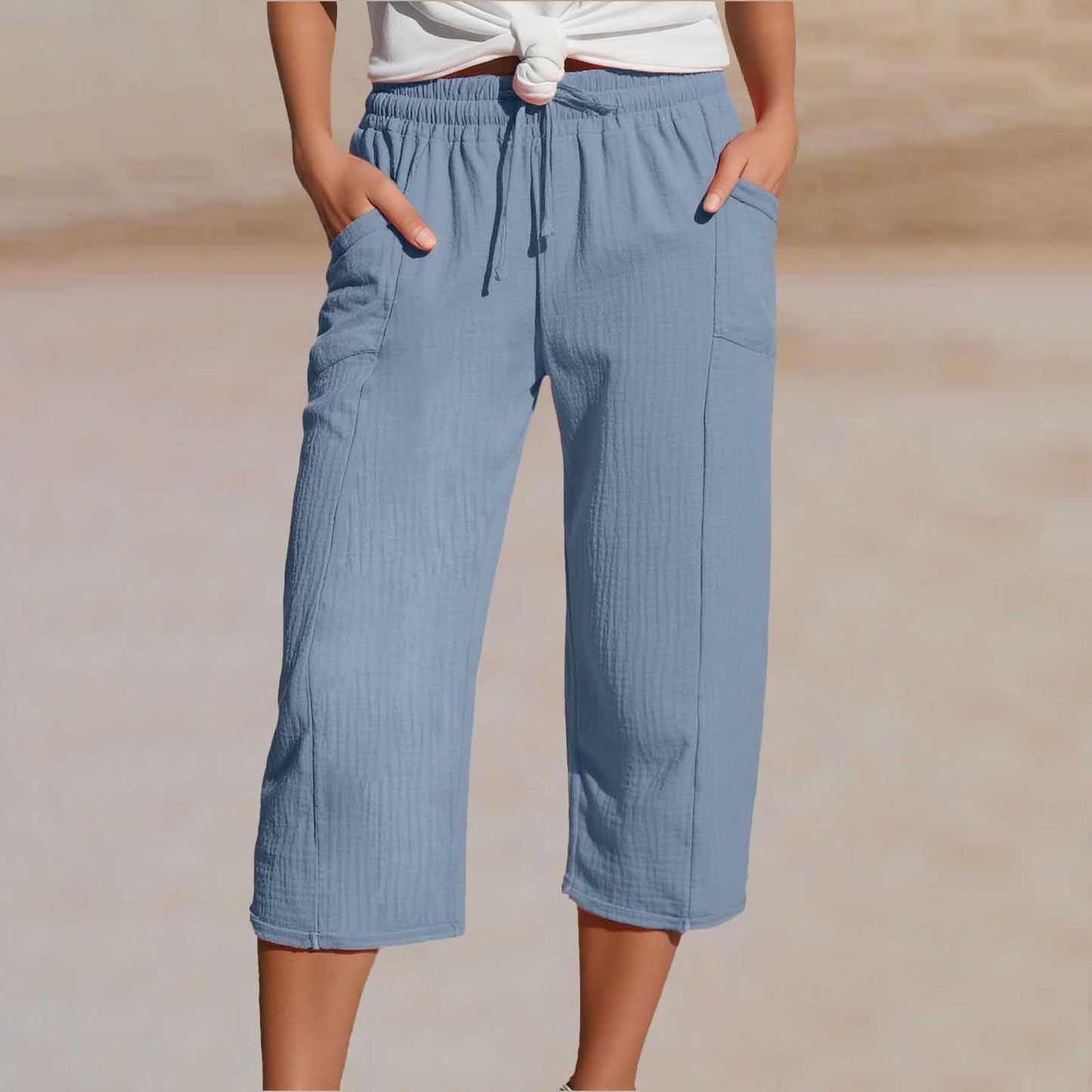 Pantalon Cropped Femme Coton Lin Taille Elastique Confortable