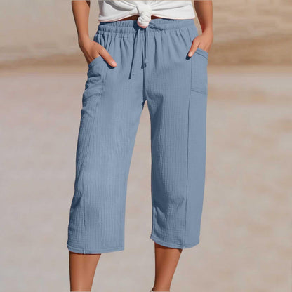 Pantalon Cropped Femme Coton Lin Taille Elastique Confortable