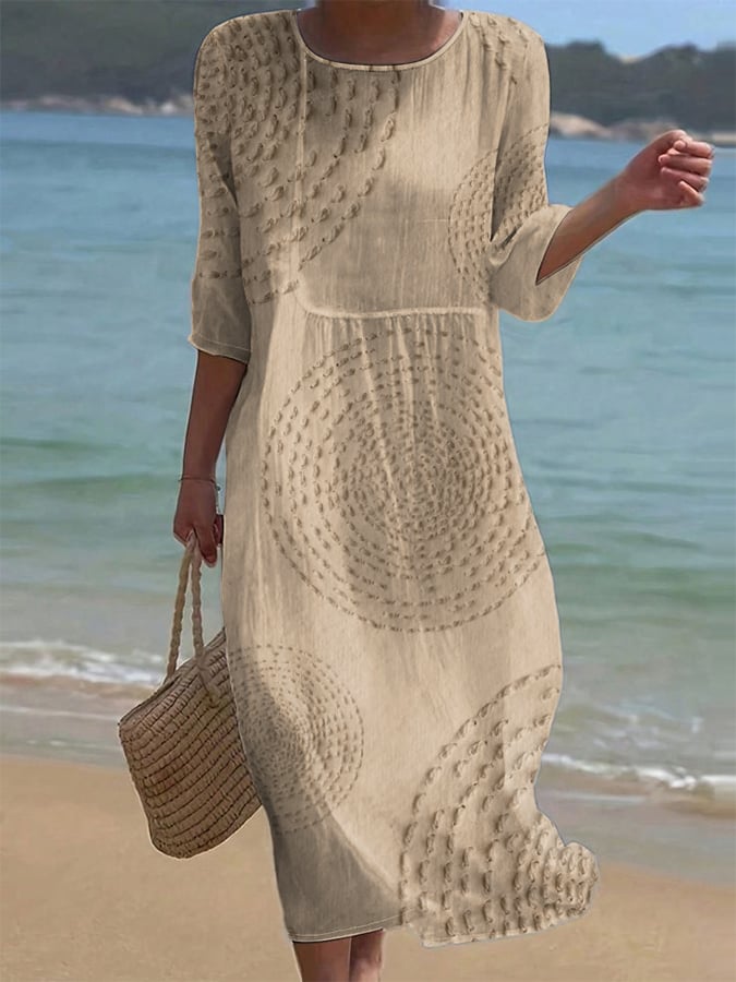 Robe midi Femme Coton Lin Fluide Manches Courtes Décontractée