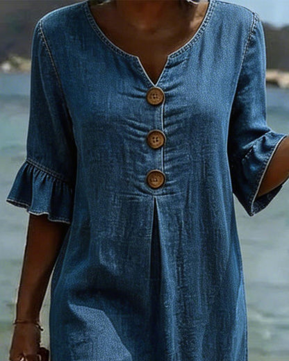 Robe Femme Denim Fluide Manches Volantées Coupe Ample