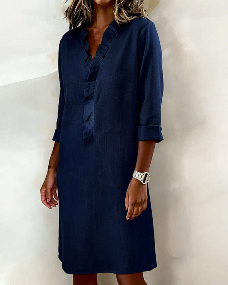 Robe Femme Col en V Volants Coupe Droite Décontractée