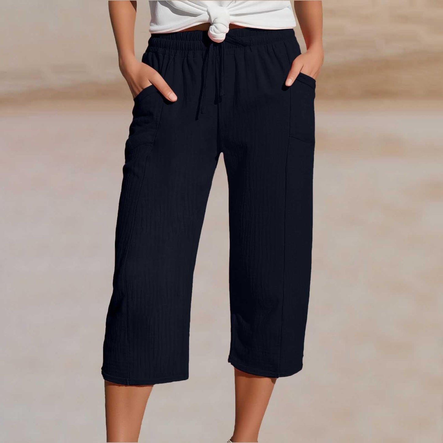 Pantalon Cropped Femme Coton Lin Taille Elastique Confortable