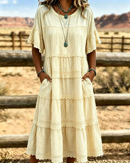 Robe midi Femme Coton Lin Volants Délicats