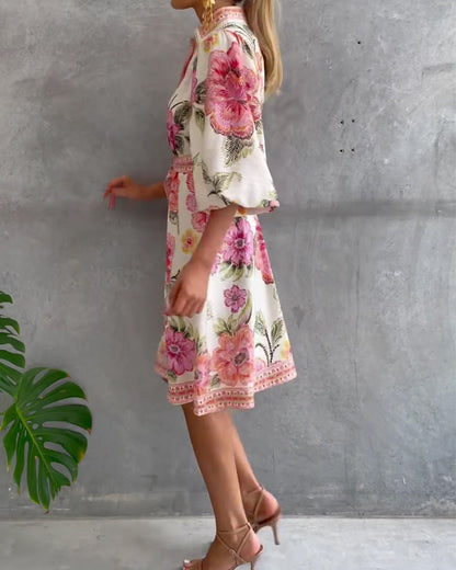 Robe Femme Imprimé Floral Manches Lanternes Boutons