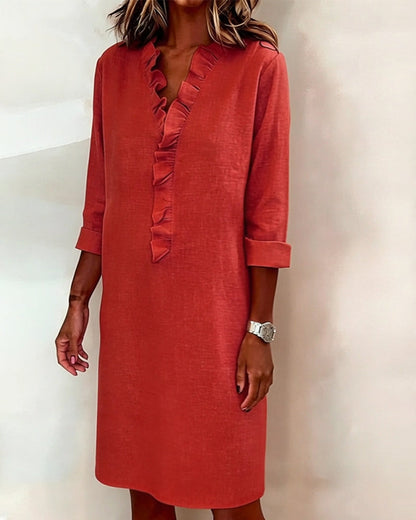 Robe Femme Col en V Volants Coupe Droite Décontractée