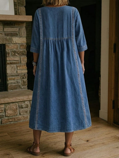Robe Femme Denim Fluide Col en V Détails Dentelle Style Décontracté