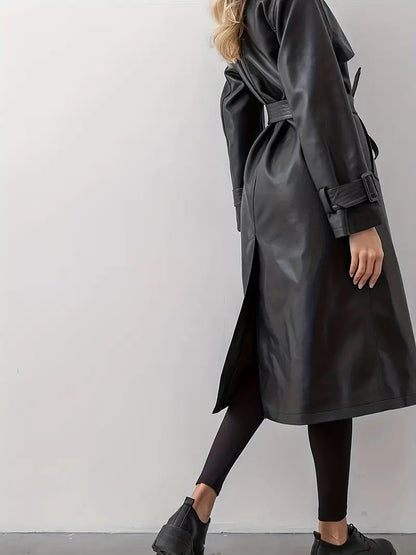 Trench-coat Femme Effet Cuir Ceinturé Coupe Élégante Longue