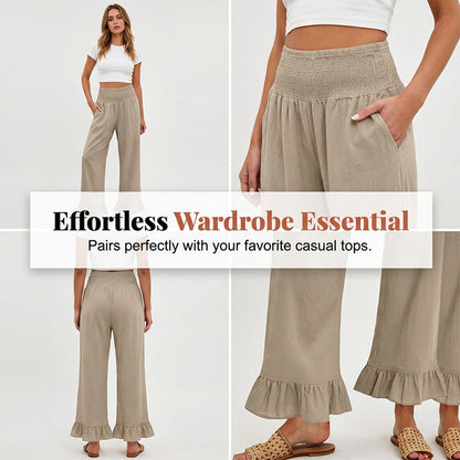 Pantalon Large Femme Coton Lin Taille Smock Volants Bas Boho