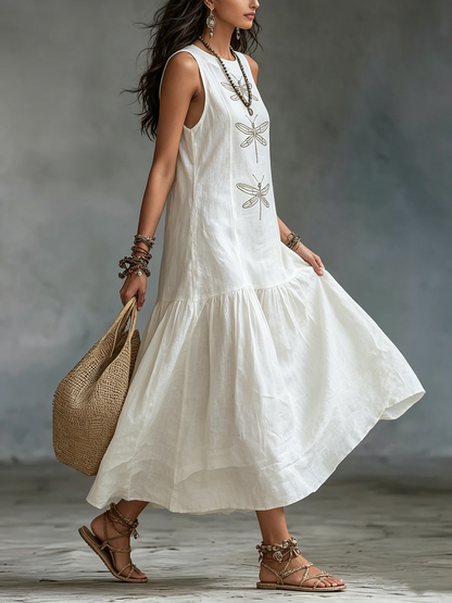 Robe longue Femme Coton Lin Broderie Libellule