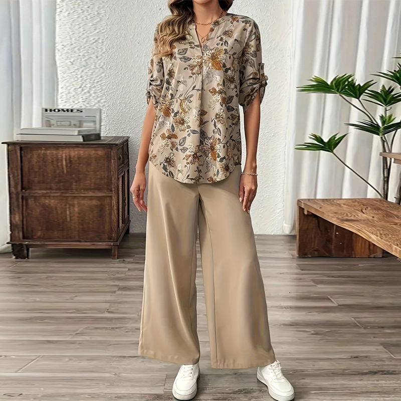 Ensemble Femme Blouse Fluide Imprimé et Pantalon Large Coupe Ample