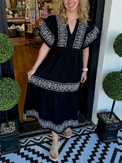 Robe Longue Femme Coupe Fluide Col en V Style Bohème