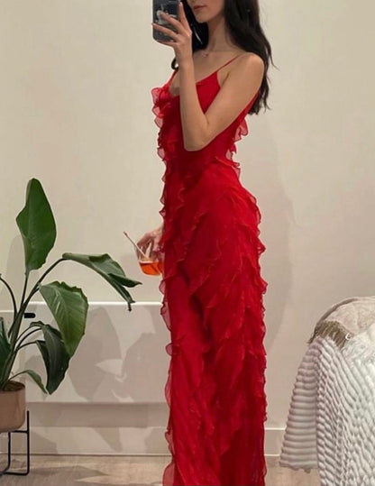 Robe du Soir Évasée avec Ruches et Bretelles Fines