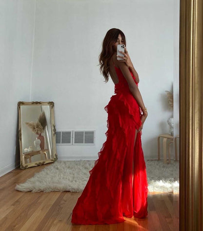 Robe du Soir Évasée avec Ruches et Bretelles Fines