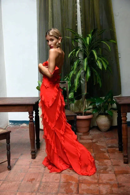 Robe du Soir Évasée avec Ruches et Bretelles Fines
