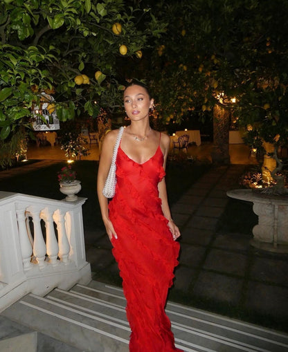 Robe du Soir Évasée avec Ruches et Bretelles Fines