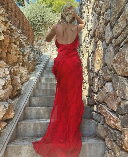 Robe du Soir Évasée avec Ruches et Bretelles Fines