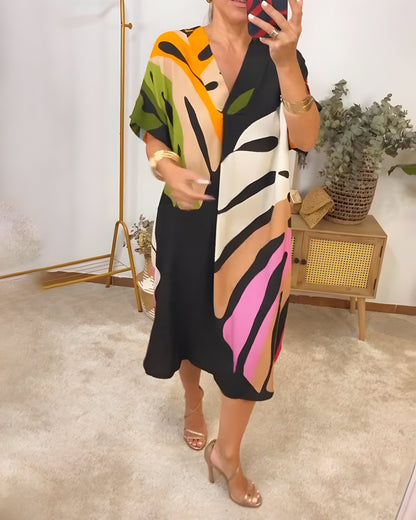 Robe Femme Imprimé Feuillage Coupe Ample Col V