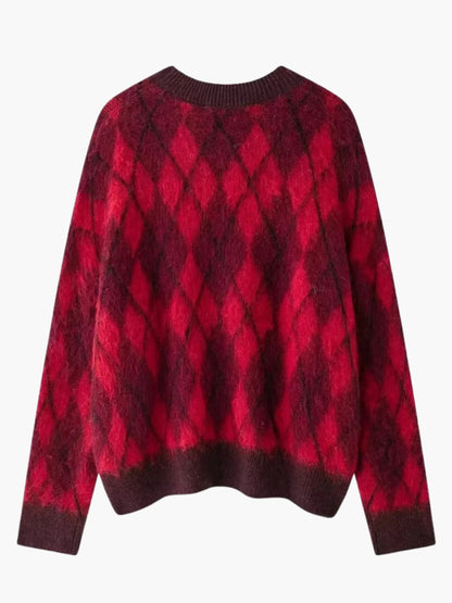 Pull en Maille Vintage à Motif Losange Rouge
