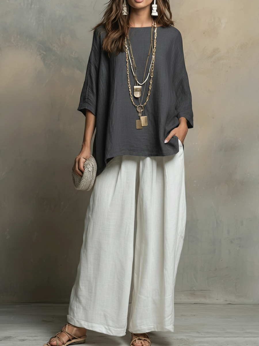 Ensemble Femme Lin Deux Pièces Coupe Ample Style Décontracté