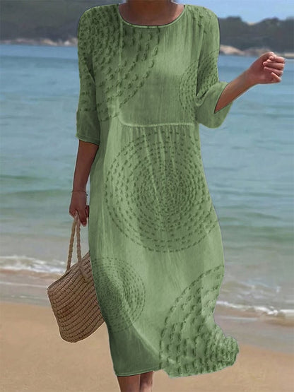 Robe midi Femme Coton Lin Fluide Manches Courtes Décontractée
