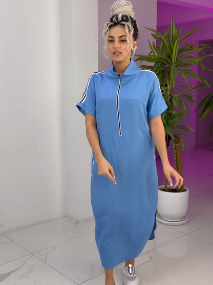 Robe Longue Femme Zippée Col Montant Coupe Fluide Sport Chic