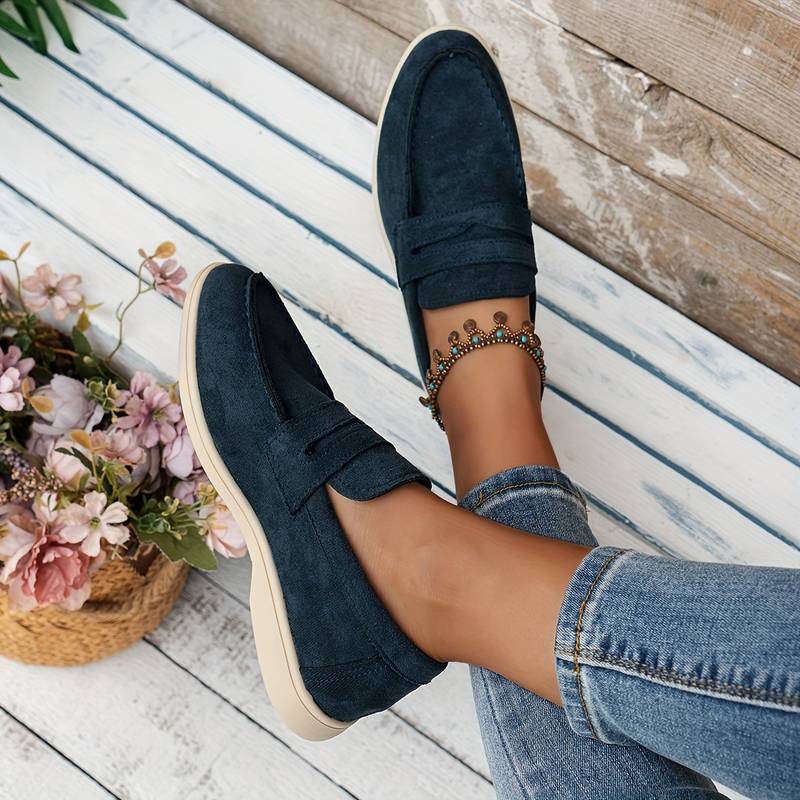 Mocassin en Cuir Velours Beige et Bleu Marine