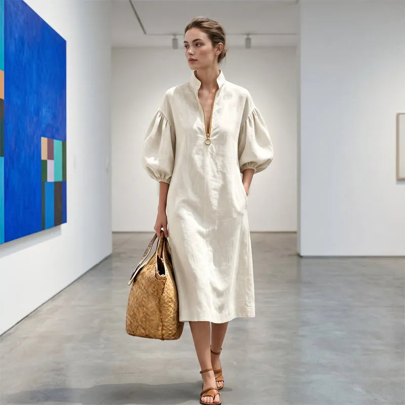 Robe Femme Fluide Manches Bouffantes Col Zippé