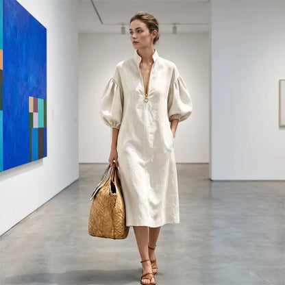 Robe Femme Fluide Manches Bouffantes Col Zippé