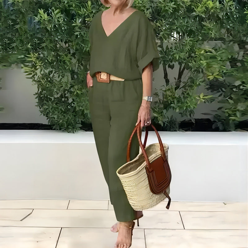 Ensemble Femme Col en V Pantalon Ample Coupe Décontractée