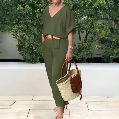 Ensemble Femme Col en V Pantalon Ample Coupe Décontractée