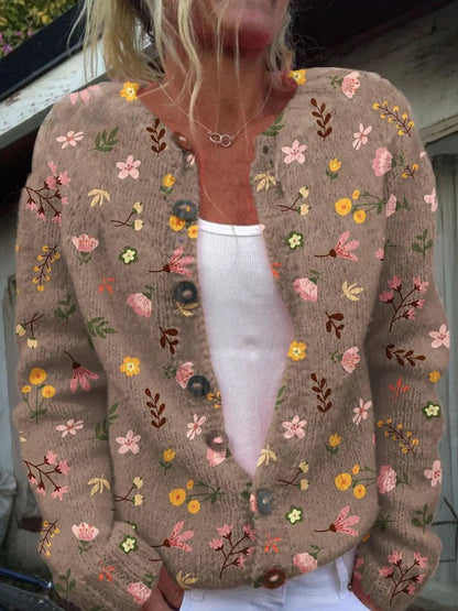 Cardigan stylé pour femme en tricot avec imprimé fleuri | Fermeture à boutons