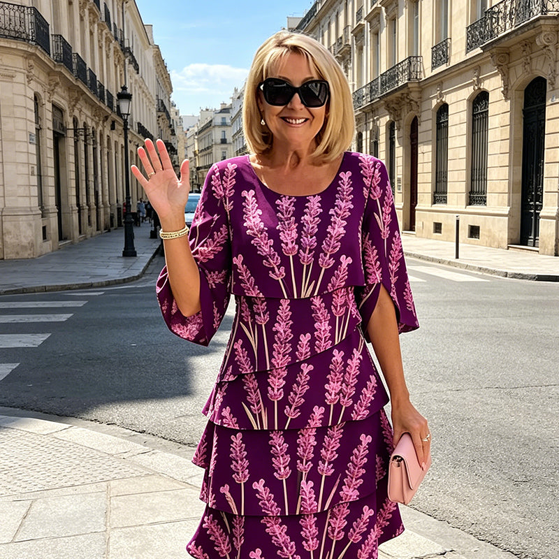 Robe Mi-Longue Femme Tissu Imprimé Volants Superposés Manches Fendues
