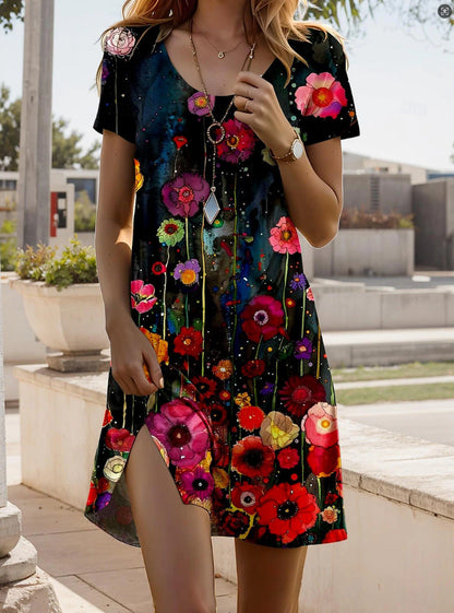 Robe Femme Fluide Manches Courtes Col Rond Imprimé Ethnique